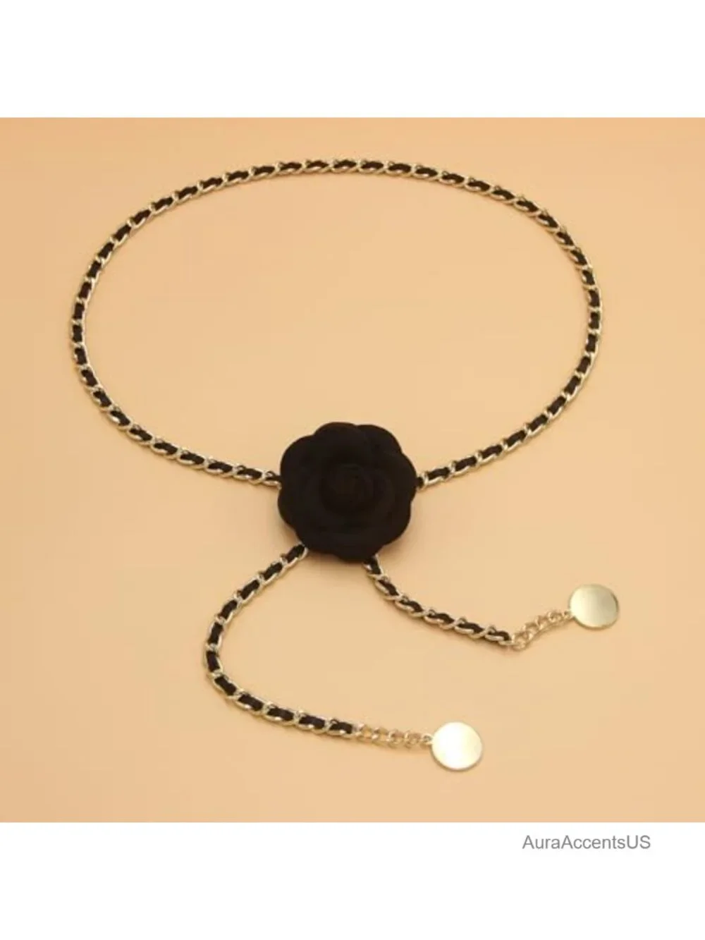 Metal Waist Chain Belt with Camellia Flower Charm - Adjustable Body Chain